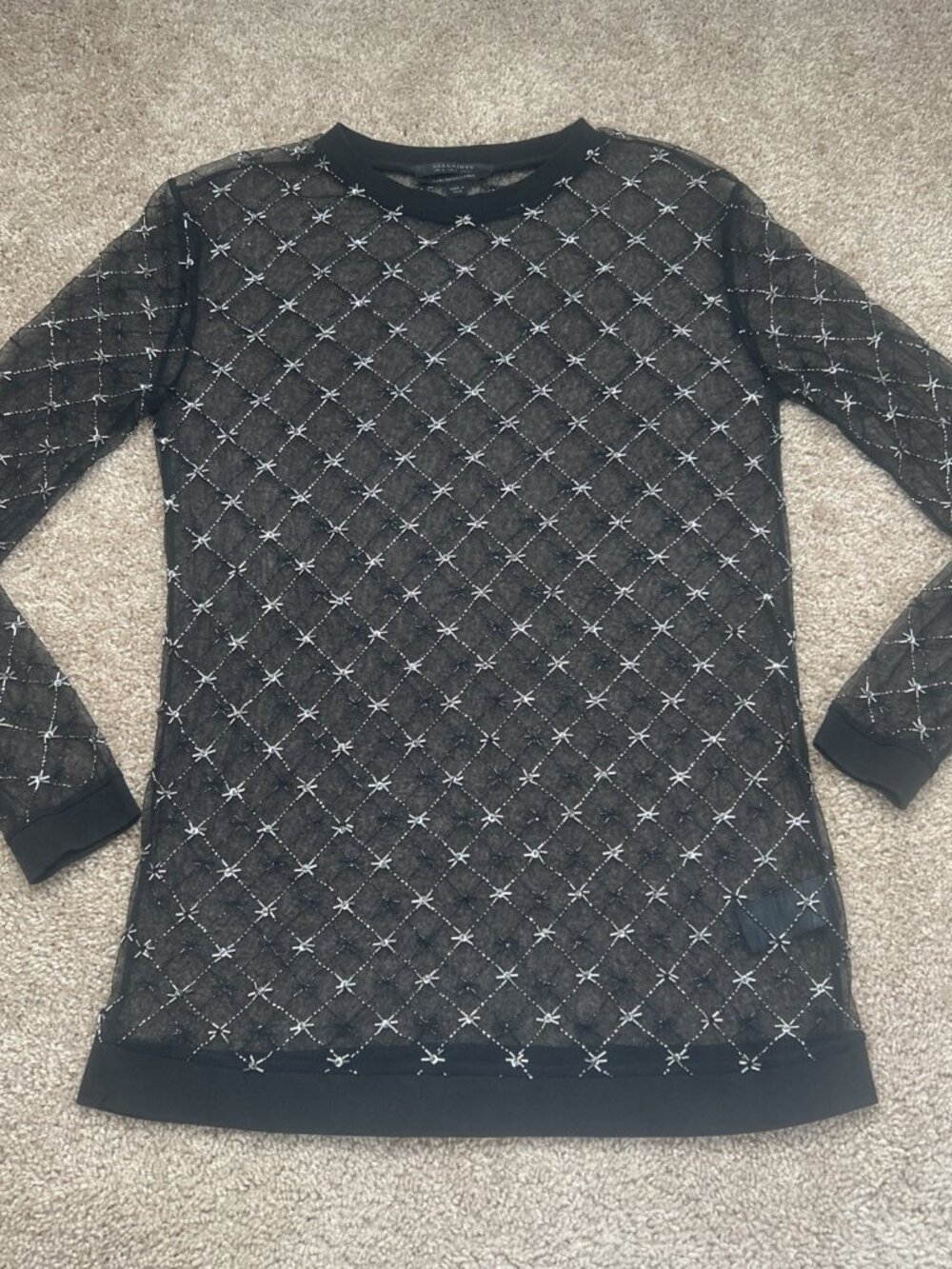 AllSaints Women's Black Sheer Mesh Studded Long Sleeve Top Size XS